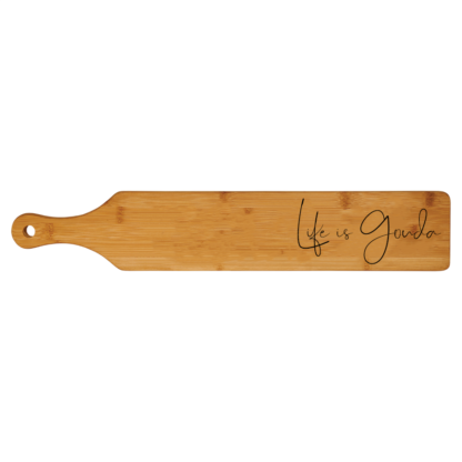 words life is gouda on a bamboo cheese board 22x4
